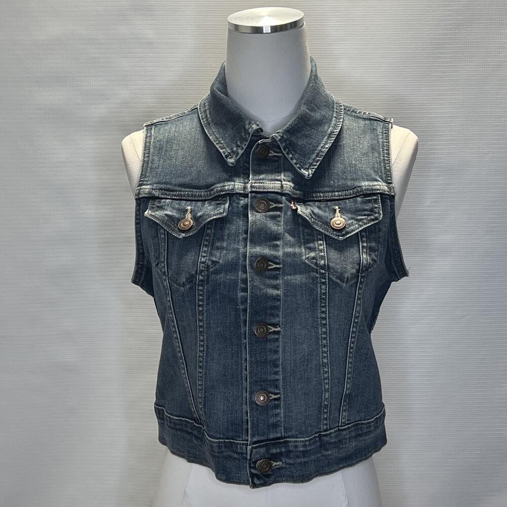 Levis Denim Vest Womens Small Sleeveless Trucker Jean Jacket Distressed Western